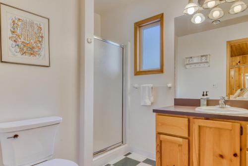a bathroom with a shower and a toilet and a sink at Sno-Bird #10 in Government Camp