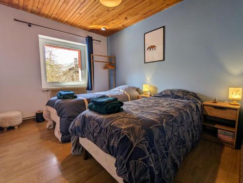 a bedroom with two beds and a window at Logement indépendant 3 pièces Le Renard des Vosges in La Croix-aux-Mines