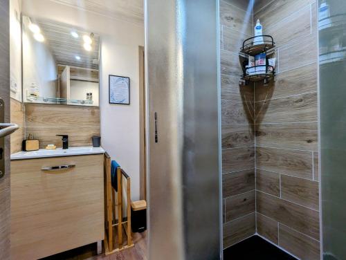 a shower with a glass door in a bathroom at Logement indépendant 3 pièces Le Renard des Vosges in La Croix-aux-Mines