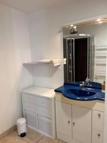 une salle de bain avec un lavabo bleu et un miroir dans l'établissement La Perle Marine - Magnifique vue sur la mer, à Saint-Brieuc