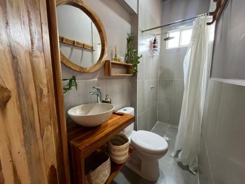 ein Badezimmer mit einem Waschbecken, einem WC und einem Spiegel in der Unterkunft Thani Ecobeach Barú in Playa Blanca