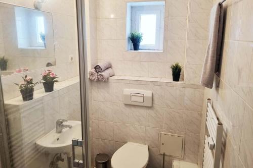 y baño con aseo y lavamanos. en 3-room Apartment in Offenbach, en Bieber