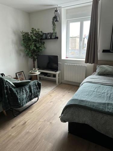 une chambre avec un lit, une chaise et une télévision dans l'établissement Studio cozy Saint-Malo, à Saint-Malo
