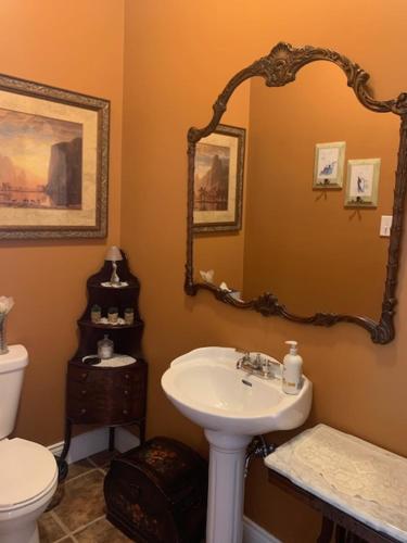 a bathroom with a sink and a toilet and a mirror at Gîte au Charme Victorien in Beauceville