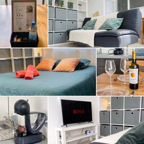 un collage de fotos de una habitación con cama y TV en La Pampa - Blow Résidences, en Loudéac