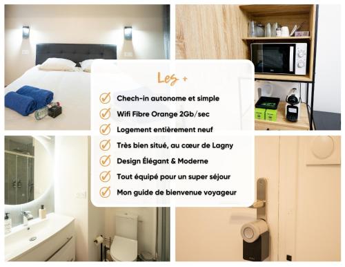 a flyer for a hotel room with a bed and a bathroom at Le Cocon - T2 Neuf avec Parking - Proche Hypercentre & Disneyland in Lagny