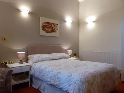 ein Schlafzimmer mit einem Bett mit zwei Nachttischen und zwei Lampen in der Unterkunft Shire Cottage Devils Bridge in Yspytty Cynfyn