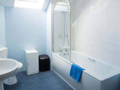 a white bathroom with a shower and a sink at Ty Ceiniog New Quay in Cross Inn