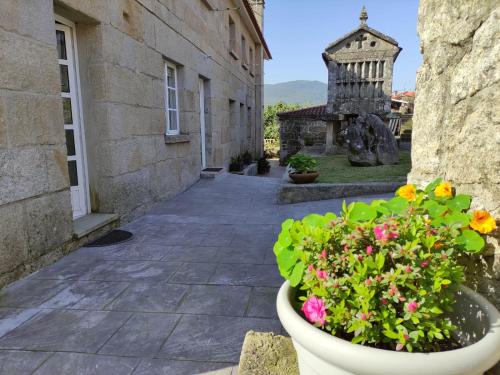 a courtyard of a building with flowers in a pot at A casa de Mateu in Pontevedra