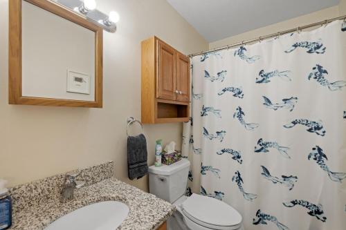 y baño con aseo y cortina de ducha. en 3BR Retreat: Gameroom, near to Beach and Downtown!, en Center Harbor