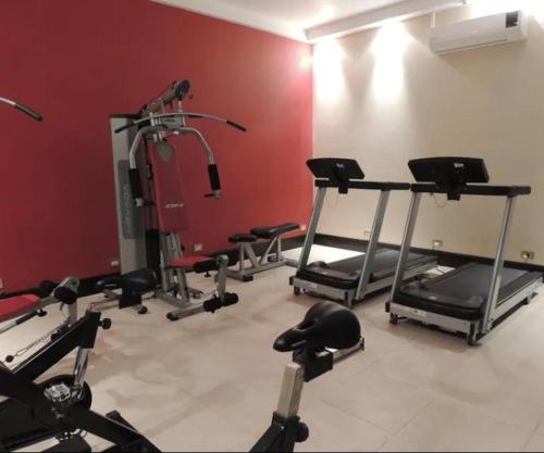 a gym with several tread machines in a red wall at DEPARTAMENTO ESTUDIO (HOTEL PREMIUM TOWER SUITES) in San Luis