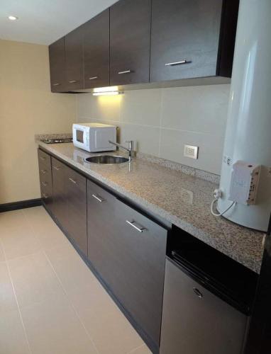 a kitchen with a sink and a microwave on a counter at DEPARTAMENTO ESTUDIO (HOTEL PREMIUM TOWER SUITES) in San Luis