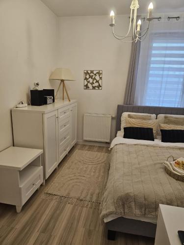 a bedroom with a bed and a dresser and a window at 2 Bed Apartment in Zyrardow in Żyrardów