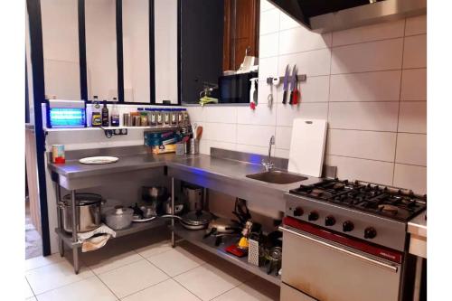 uma cozinha com um fogão e um lavatório em Gite Les Sabots De Venus em Aspres-sur-Buëch