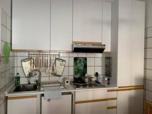 una cucina con lavandino e piano cottura forno superiore di Ferienwohnung Casa Bella Verde a Lesa