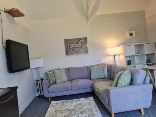 uma sala de estar com um sofá e uma televisão em Scottish Equi B&B em Lanark