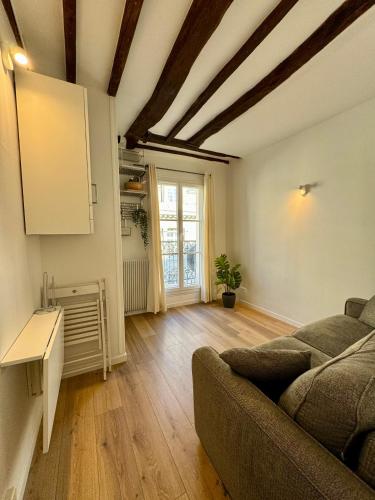 un salon avec un canapé et une fenêtre dans l'établissement Cosy Studio with balcony Paris Center - Sorbonne - Pantheon - Notre-Dame, à Paris