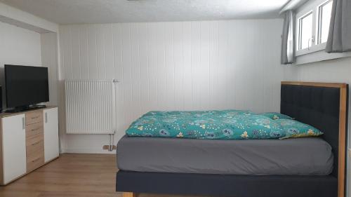 a bedroom with a bed and a flat screen tv at Studio in Sempachersee in Hildisrieden