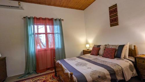um quarto com uma cama ao lado de uma janela em Villa Messavrisi em Halikounas