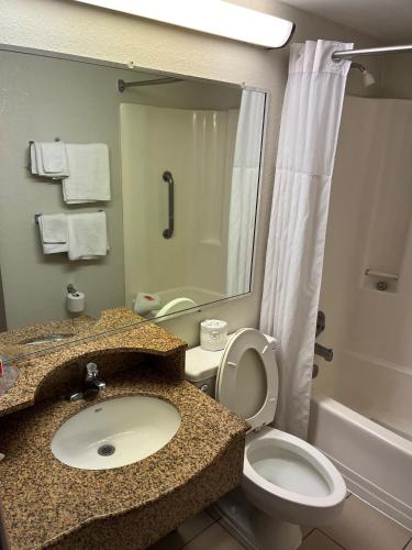 a bathroom with a sink and a toilet and a shower at Red Carpet Inn Quantico in Dumfries