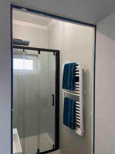 une salle de bain avec un miroir et une douche avec des serviettes bleues dans l'établissement Appartement Hyper-centre proche plage et marché, au Pouliguen