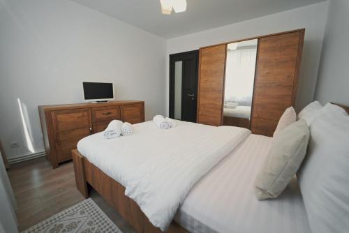 a bedroom with two white beds and a television at Luxury Apartament Ultracentral of Suceava Esplanada in Suceava
