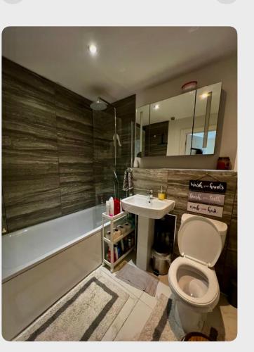 een badkamer met een toilet en een wastafel bij Quaint and Serene Single room in Londen