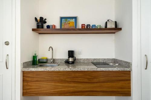 a kitchen with a sink and a counter top at Increíble Loft en Centro Histórico de Guadalajara in Guadalajara