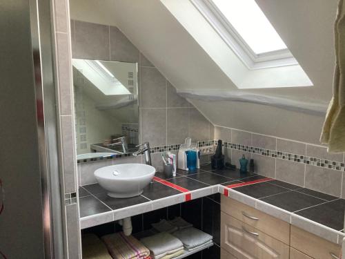 La salle de bains est pourvue d'un lavabo et d'une lucarne. dans l'établissement Maison les palmiers, à La Bohalle