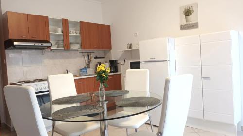 a kitchen with a glass table and white appliances at Apartman Sandra -private parking and garden in Zadar