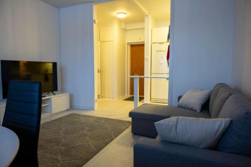 - un salon avec un canapé et une télévision dans l'établissement Cozy Apartment by the Sea, à Kemi