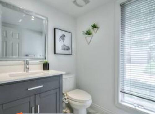 ein Badezimmer mit einem WC, einem Waschbecken und einem Spiegel in der Unterkunft Vihome001C1-4-Bedrooms(Fairview Mall and 401+DVP) in Toronto