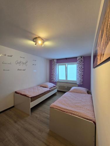 1 Schlafzimmer mit 2 Betten und einem Fenster in der Unterkunft FeWo Regenbogen in Friedrichshafen