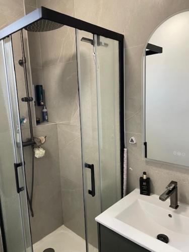 d'une douche avec une porte en verre à côté d'un lavabo blanc. dans l'établissement Cosi Appartement, à Clichy