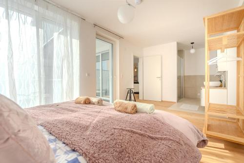 クレムス・アン・デア・ドナウにあるKrems Deluxe Apartments - Newly builtのベッドルーム1室(大型ベッド1台、枕2つ付)