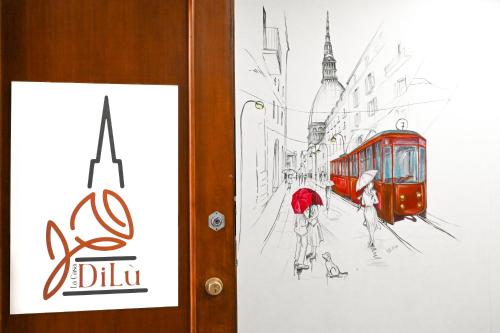 Dessin d'une rue avec un tramway rouge dans l'établissement [La Casa DiLù] Moderno Trilocale e Ampio Terrazzo, à Grugliasco