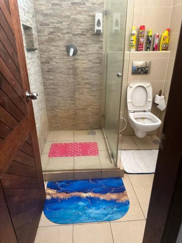 uma casa de banho com um chuveiro e um WC. em Sea la vie II em Kwale