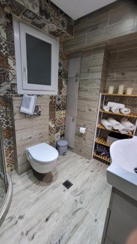 uma casa de banho com WC e uma televisão na parede em AGALI HOUSE em Limenaria