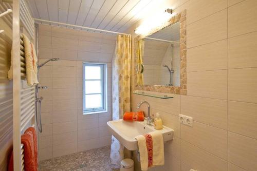 a bathroom with a sink and a mirror at Skuch-Looden in Süddorf