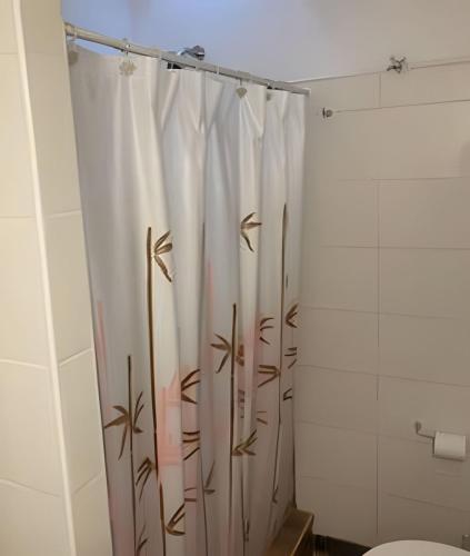 a bathroom with a shower curtain with a toilet at Depto "Phima" zona residencial in Rosario