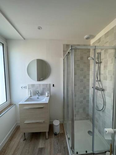 une salle de bain avec un lavabo et une douche dans l'établissement *CASA Ushuaia*, à Cholet