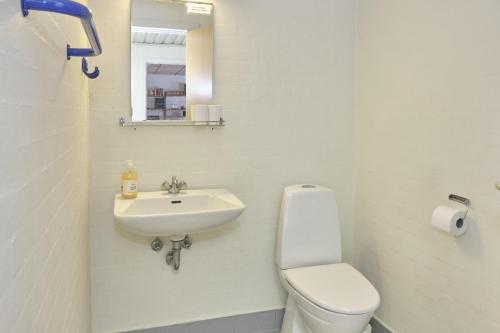 a bathroom with a sink and a toilet and a mirror at Beautiful Home In Ebeltoft With 3 Bedrooms in Ebeltoft