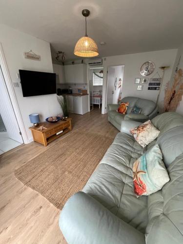 a living room with a couch and a flat screen tv at 288, Belle Aire, Hemsby - Beautifully presented two bed chalet, sleeps 5, pet friendly, close to beach! in Hemsby