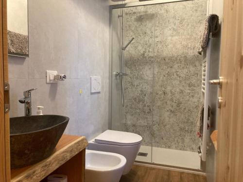 a bathroom with a sink and a toilet and a shower at Casa vacanza Emi in Bocenago