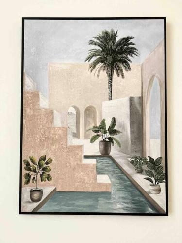 une peinture d'une piscine avec des palmiers dans l'établissement Le Bruna: Apt 4 prs, Clim, 10 min plages, à Antibes