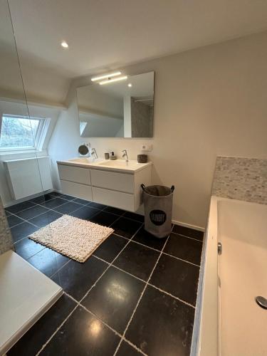 uma casa de banho com um lavatório e um espelho em 't Urbain - Vakantiewoning em Oudenaarde