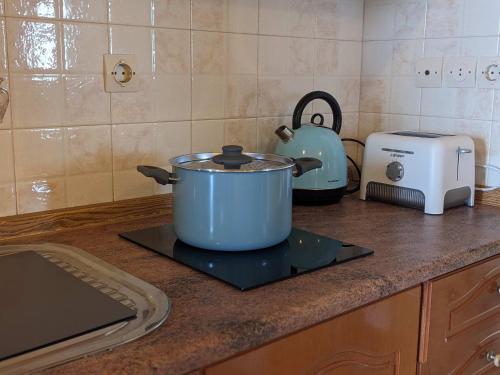 a pot sitting on top of a stove in a kitchen at Panorama Inn in Lithakia