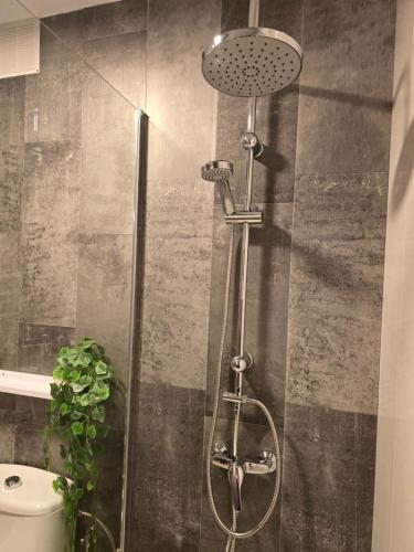 een douche met een glazen deur in de badkamer bij Casa Maday in Cotillo