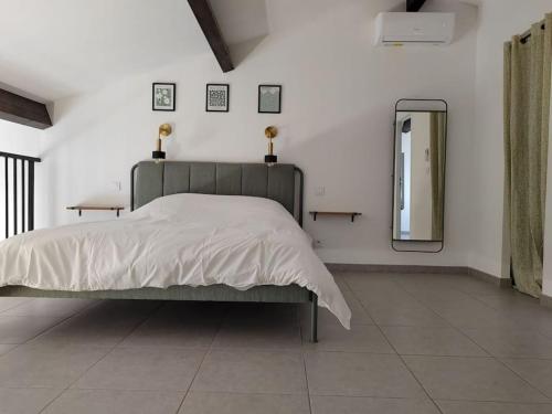 a bedroom with a bed and a mirror on the wall at Chez Roberto/Jardin/Parking in Fos-sur-Mer