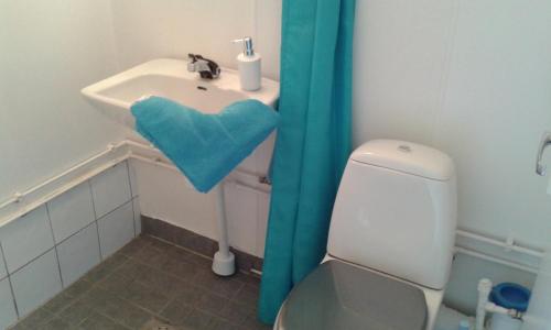 a bathroom with a toilet and a sink with a blue towel at Lilla Hotellet in Västervik